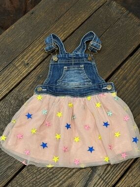 Baby Girls Denim Overall Tulle Dress with Star Appliqués - Pink Size 18M